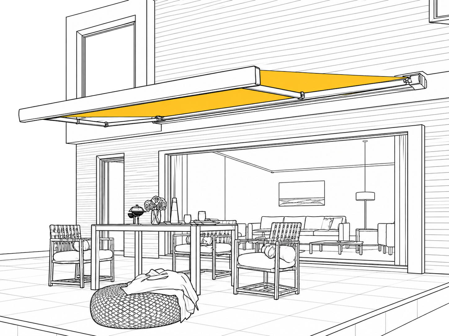 Full-cassette garden awning for patio and residential outdoor spaces