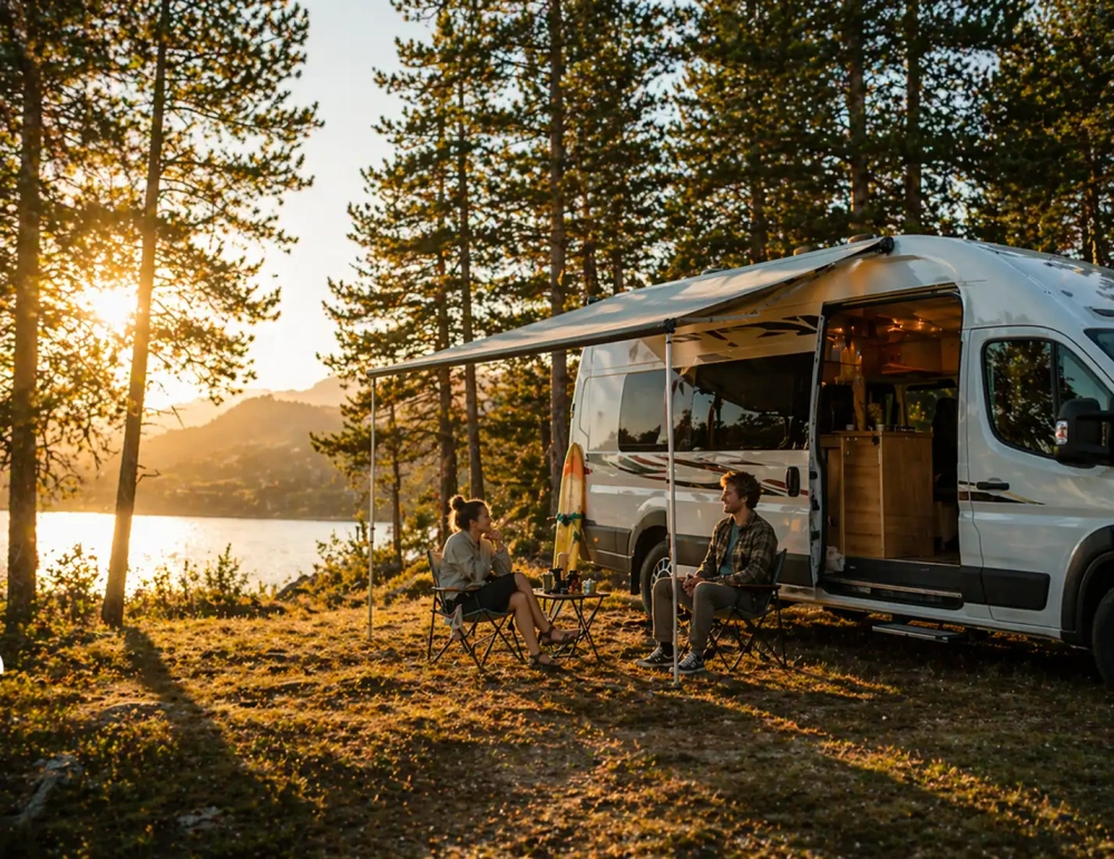 Motorhome with an extended RV awning at a lakeside campsite