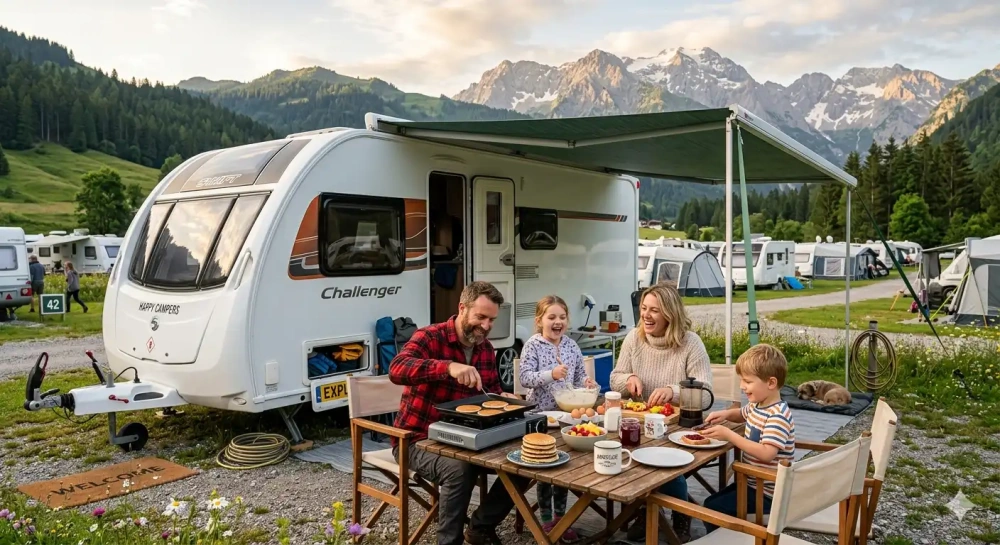 Caravan awning creating a shaded outdoor dining area for a family