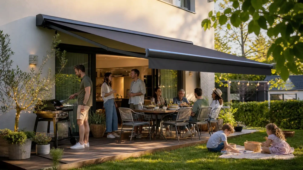 Retractable garden awning shading an outdoor patio dining area