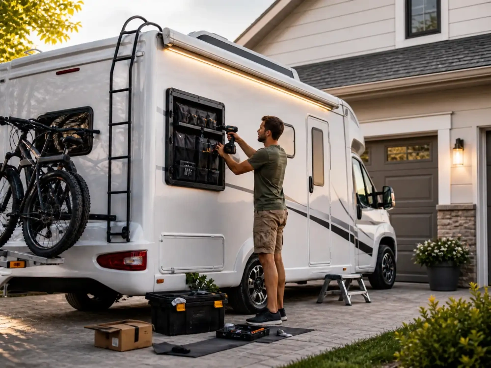 RV awning accessories installed on the exterior of a motorhome